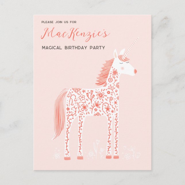 Magical Unicorn Blush Pink Birthday Party Invitati Postcard (Front)