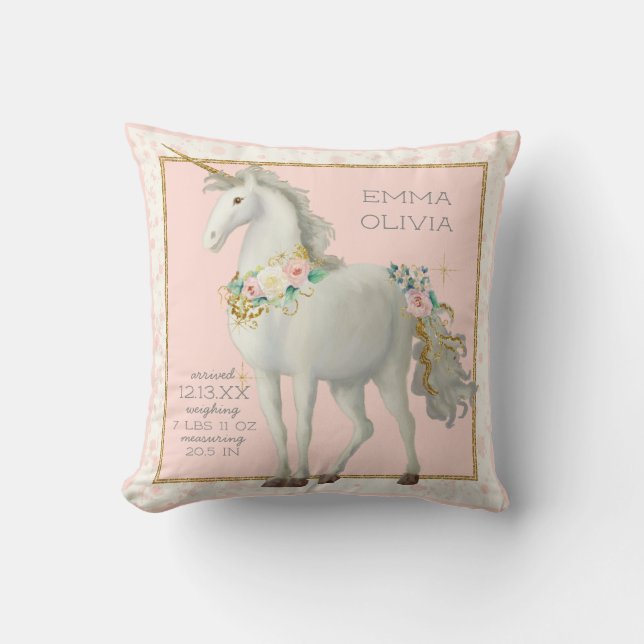 Magical Unicorn BOHO Floral Baby Girl Birth Stats Cushion (Front)