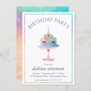 Magical Unicorn Cake   Fantasy Watercolor Birthday Invitation
