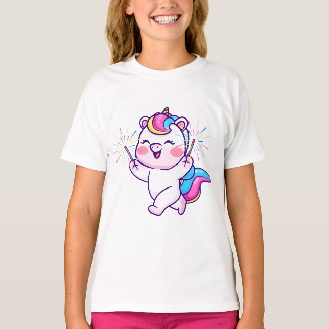 Magical Unicorn Celebration – Sparkly & Cute Girls T-Shirt (Front)