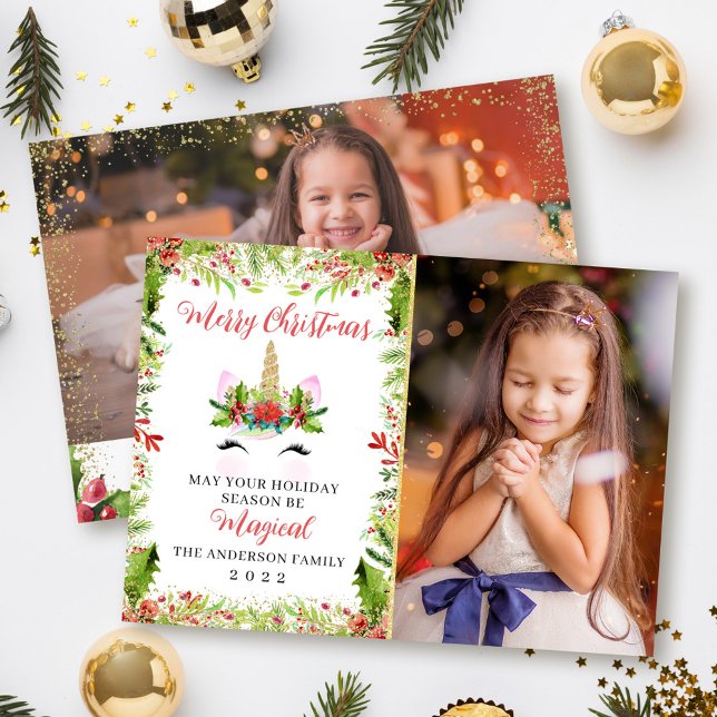 Magical Unicorn Christmas Holly Berries 2 Photo Holiday Card (Creator Uploaded)