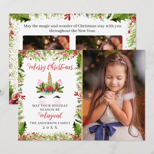 Magical Unicorn Christmas Holly Berries 3 Photo Holiday Card (Front/Back)
