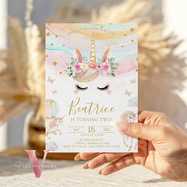 Magical Unicorn Colourful Pastel Gold Gliiter Bday Invitation (Creator Uploaded)