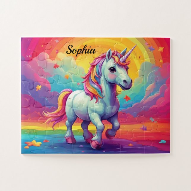 Magical Unicorn Colourful Rainbow Personalised Kid Jigsaw Puzzle (Horizontal)