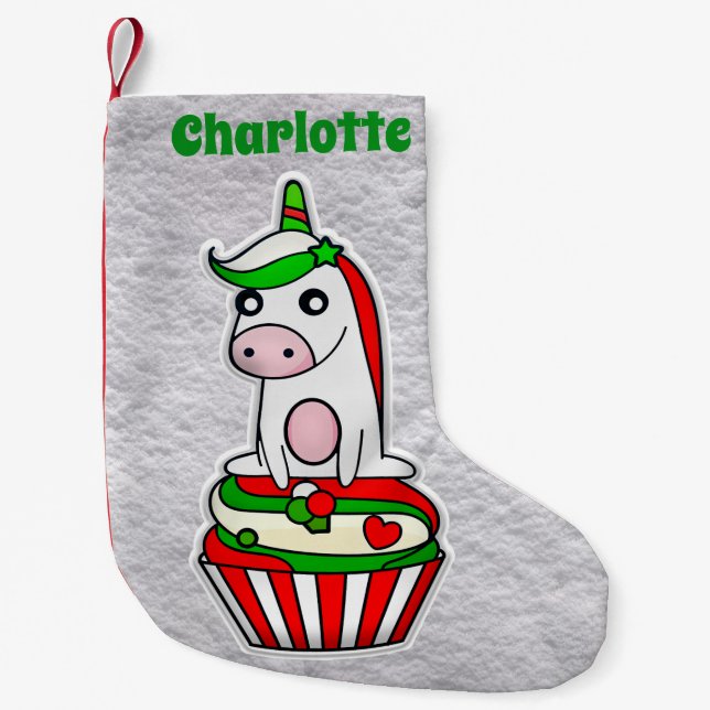 Magical Unicorn Cupcake Red Green Cute Small Christmas Stocking (Front)