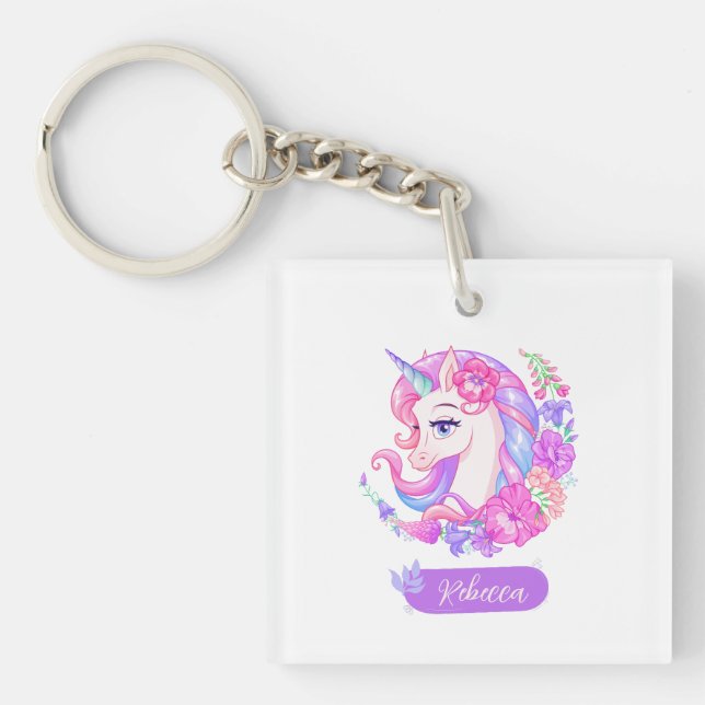 Magical Unicorn  custom Photo floral girl  Key Ring (Front)