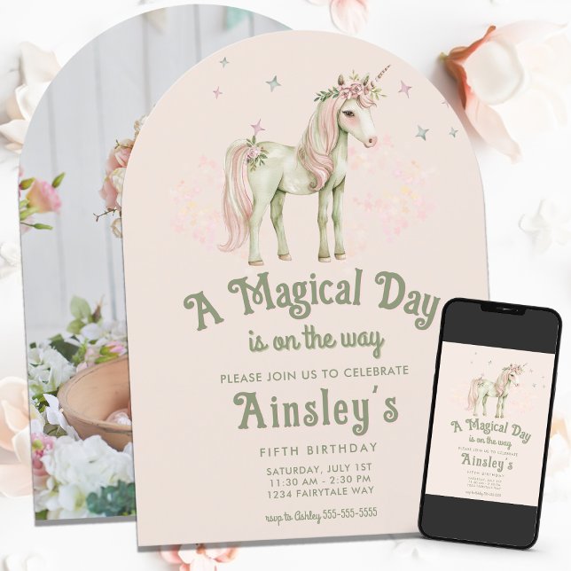 Magical Unicorn Custom Photo Pink Arched Birthday Invitation (Creator Uploaded)