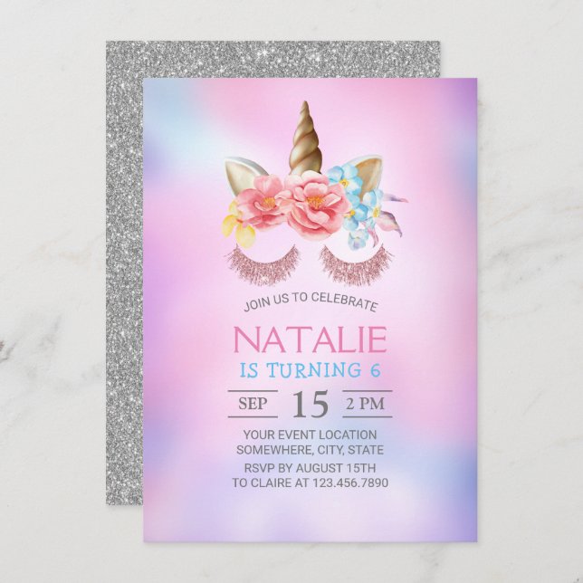 Magical Unicorn Dreamy Pink Blue Ombre Birthday Invitation (Front/Back)