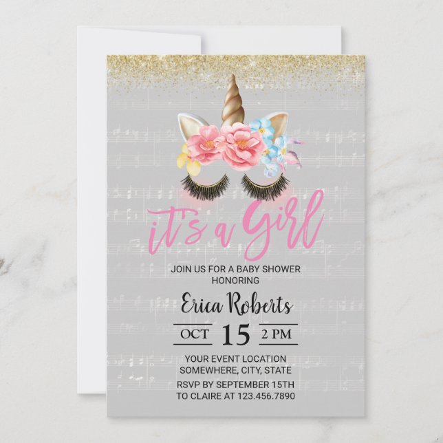 Magical Unicorn Elegant Music Girl Baby Shower Invitation (Front)