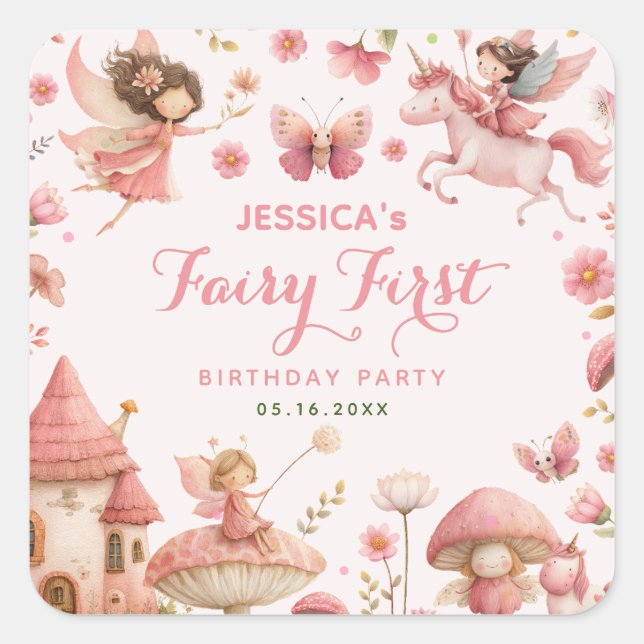 Magical Unicorn Enchanted Fairy First Birthday  Square Sticker (Front)