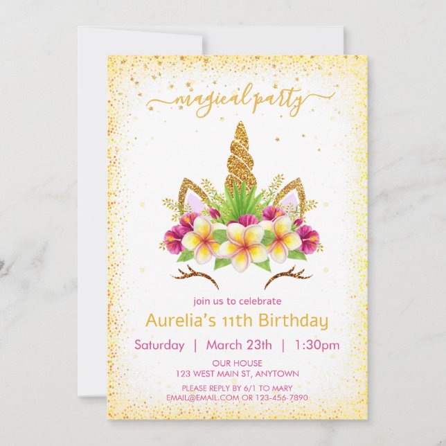 Magical unicorn face with florals girl birthday  invitation (Front)