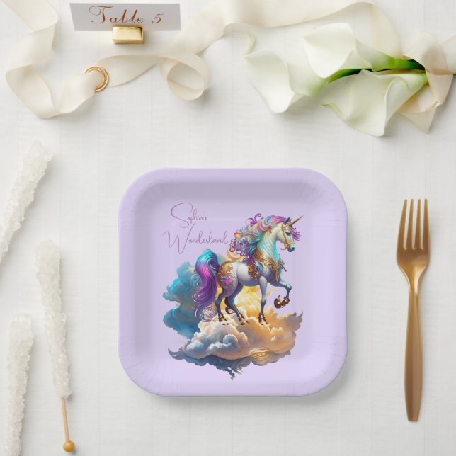 Magical Unicorn Fantasy clouds romance birthday  Paper Plate (Wedding)