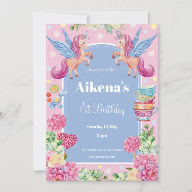 Magical Unicorn first birthday party Invitation (Front)