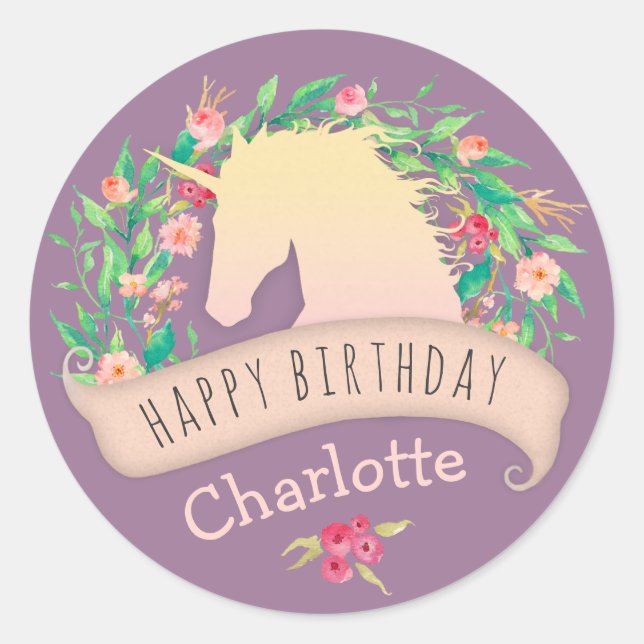 Magical Unicorn Floral Birthday Party Classic Round Sticker (Front)