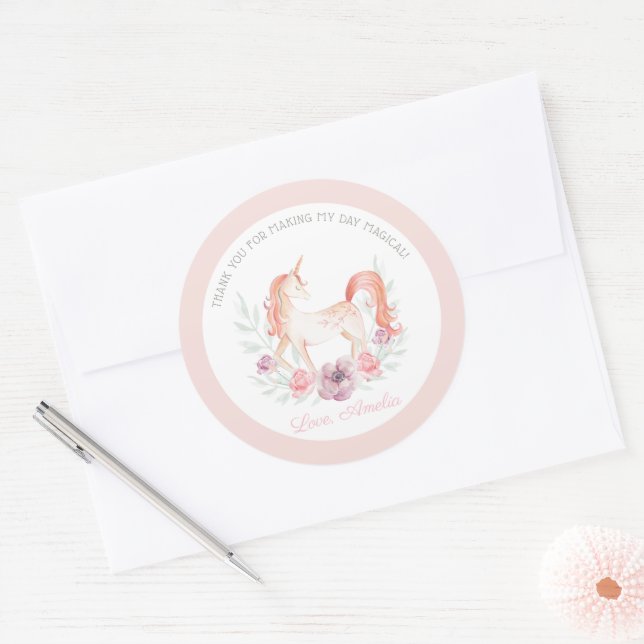 Magical Unicorn Flower Birthday Party Favour  Classic Round Sticker (Envelope)