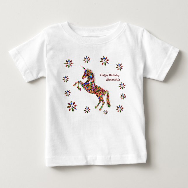 Magical Unicorn Flowers Birthday Personalise White Baby T-Shirt (Front)