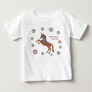 Magical Unicorn Flowers Birthday Personalize White Baby T-Shirt
