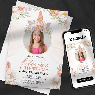Magical Unicorn Girl Photo Floral Birthday  Invitation