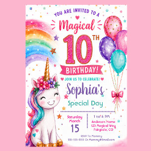 Magical Unicorn Girl's 10th Birthday Invitation