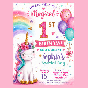 Magical Unicorn Girl's 1st Birthday Invitation
