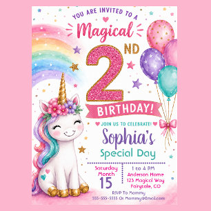 Magical Unicorn Girl's 2nd Birthday Invitation