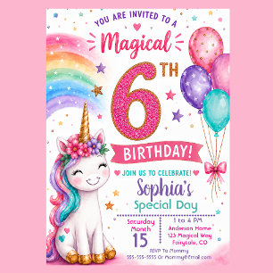 Magical Unicorn Girl's 6th Birthday Invitation