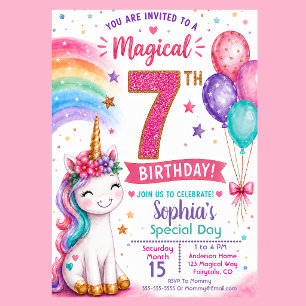 Magical Unicorn Girl's 7th Birthday Invitation