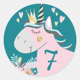 Magical Unicorn Girl's Birthday Party Custom Age Classic Round Sticker
