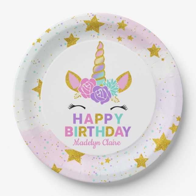 Magical Unicorn Glitter Stars Birthday Paper Plate (Front)