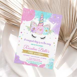 Magical Unicorn Gold Girl 1st Birthday Invitation