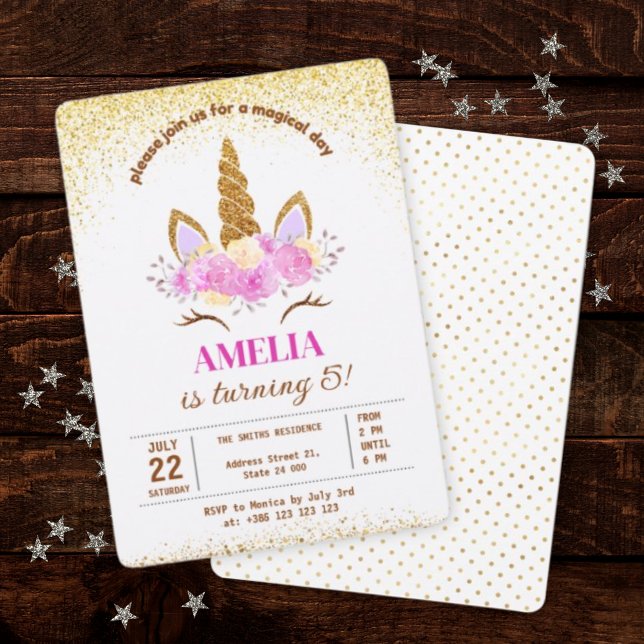 Magical Unicorn Gold Glitter Birthday Invitation (Creator Uploaded)