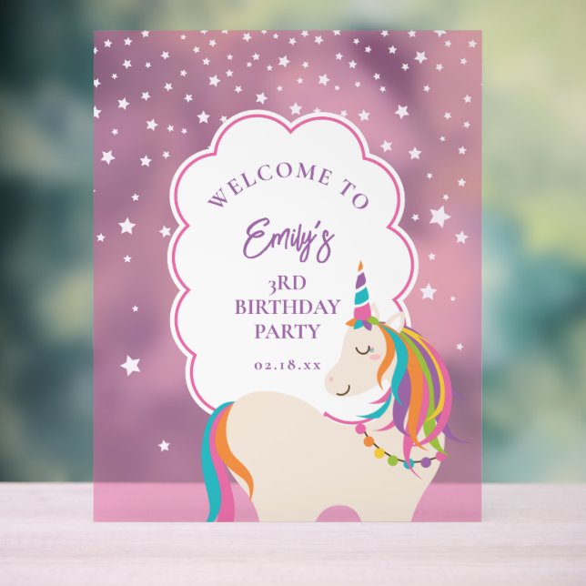 Magical Unicorn Hot Pink Girl Birthday Welcome Acrylic Sign (Neutral)