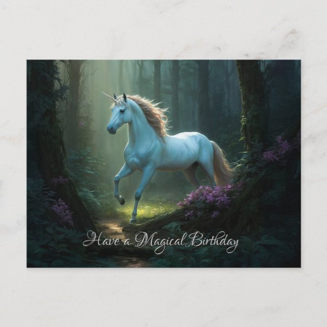 Magical Unicorn in Enchanted Forest Birthday Postcard (Front)