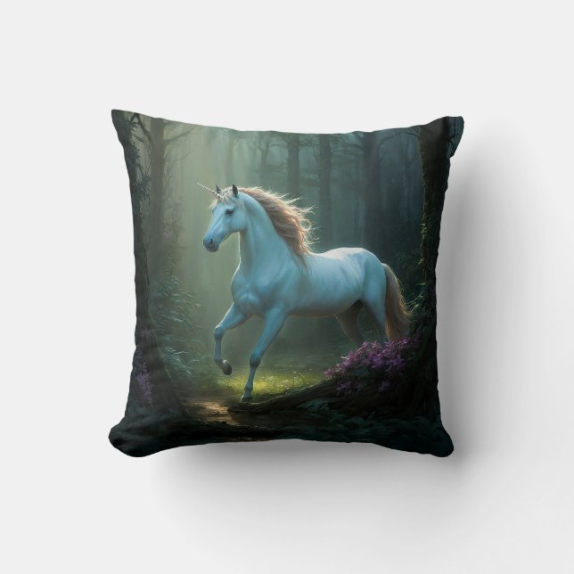 Magical Unicorn in Enchanted Forest Cushion (Front)