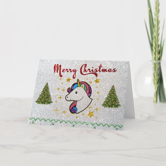 Magical Unicorn Merry Christmas Glitter Fantasy Holiday Card (Front)