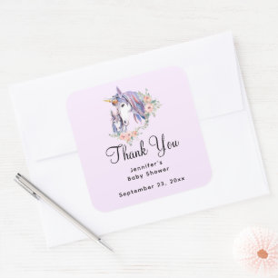 Magical Unicorn Mum & Baby Watercolor Thank You Square Sticker