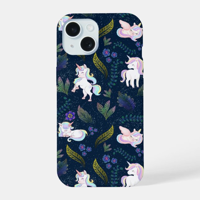 Magical Unicorn Night Forest Seamless Pattern iPhone 15 Case (Back)