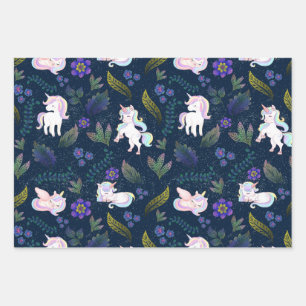 Magical Unicorn Night Forest Seamless Pattern Wrapping Paper Sheet