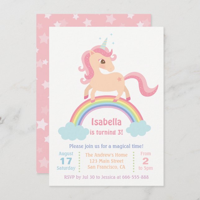 Magical Unicorn on Rainbow Girls Birthday Party Invitation (Front/Back)