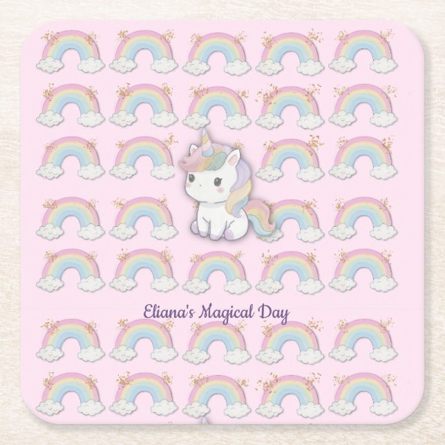 Magical Unicorn Pastel Rainbow Party  Square Paper Coaster (Front)