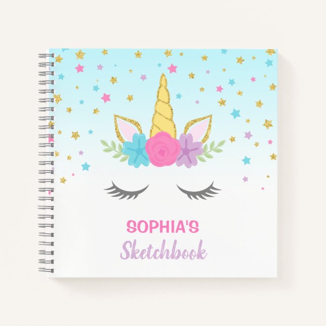 Magical Unicorn Personalised Kids Sketchbook Notebook (Front)