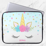 Magical Unicorn Personalised Laptop Laptop Sleeve<br><div class="desc">Sweet unicorn face custom laptop sleeve. Design features pink,  purple,  teal stars and flowers,  with a touch of faux glitter.</div>