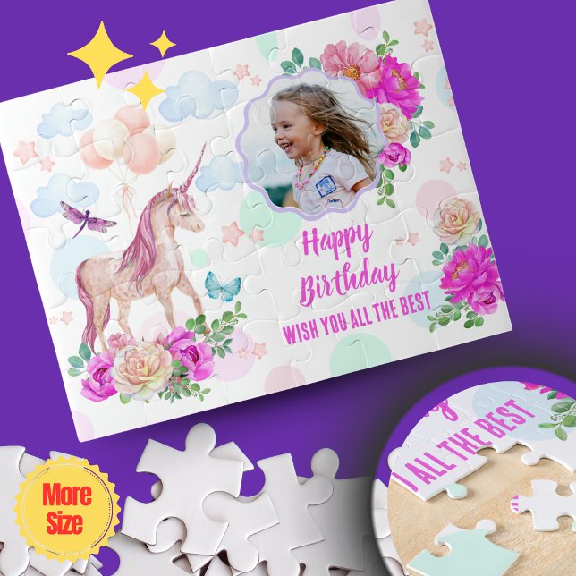 Magical Unicorn Personalised Photo Jigsaw Puzzle (Magical Unicorn Personalized Photo Jigsaw Puzzle - Pink & Purple Watercolor Dream)
