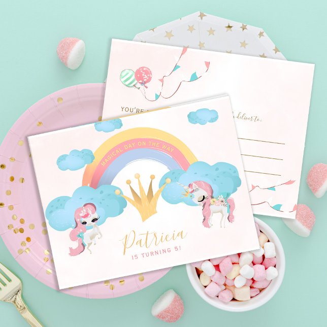 Magical unicorn pink and gold girls birthday party postcard (Creator Uploaded)