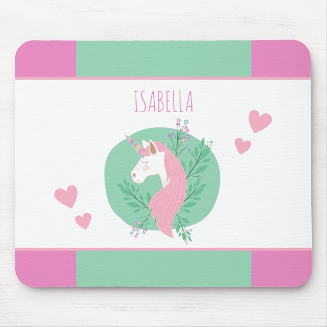 Magical Unicorn Pink and Teal Little Girl Name Mouse Pad (Front)