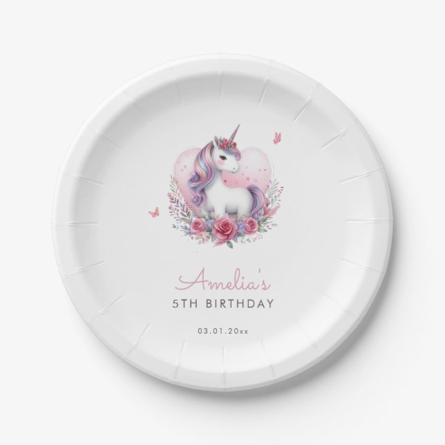 Magical Unicorn Pink Butterflies Elegant Paper Plate (Front)
