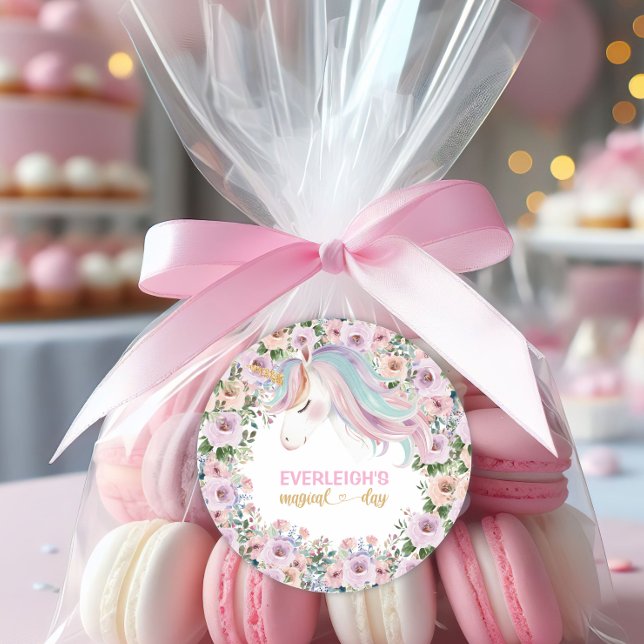 Magical Unicorn Pink Flower 1st birthday Classic Round Sticker (Creator Uploaded)