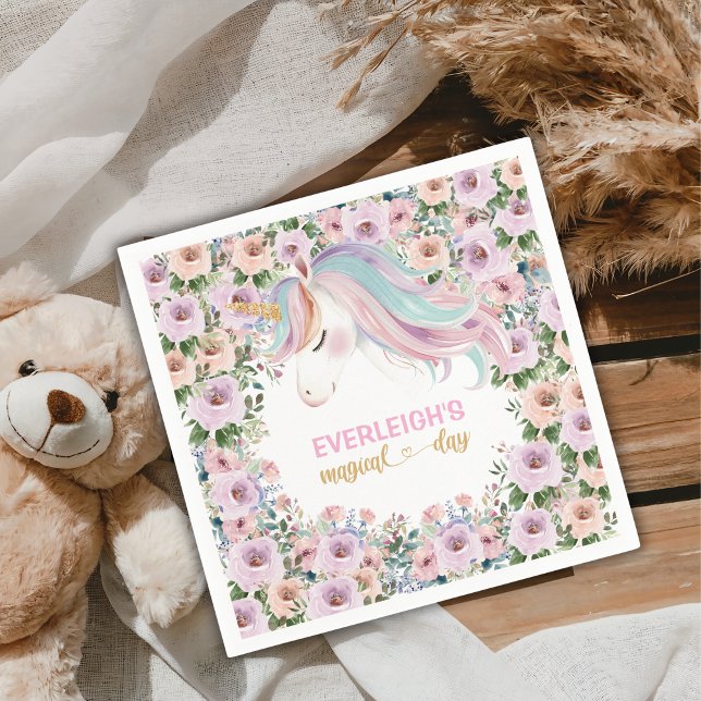 Magical Unicorn Pink Flower 1st birthday Napkin (Creator Uploaded)