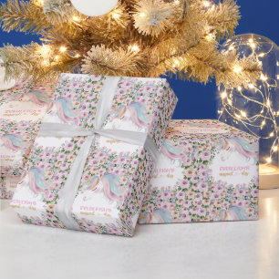 Magical Unicorn Pink Flower birthday Wrapping Paper