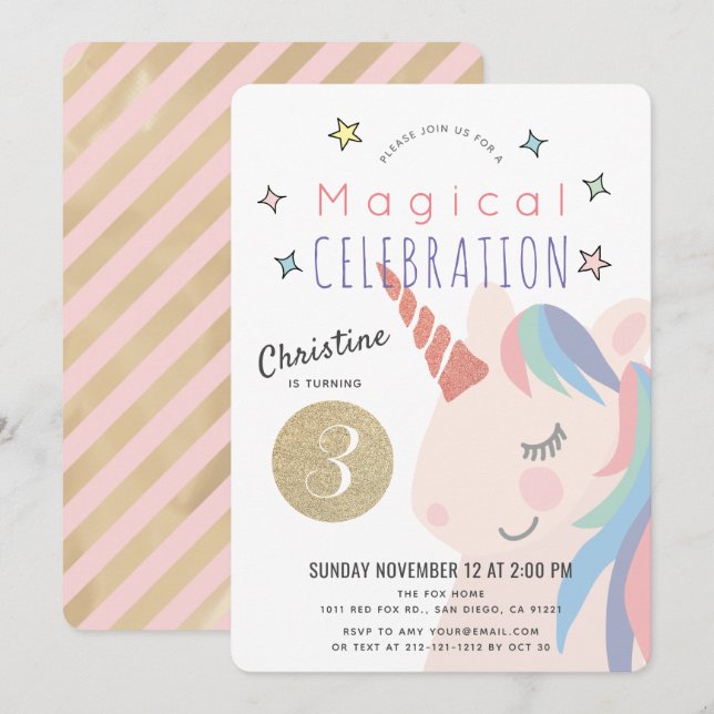 Magical Unicorn Pink x Gold Girl Birthday Invitation (Front/Back)